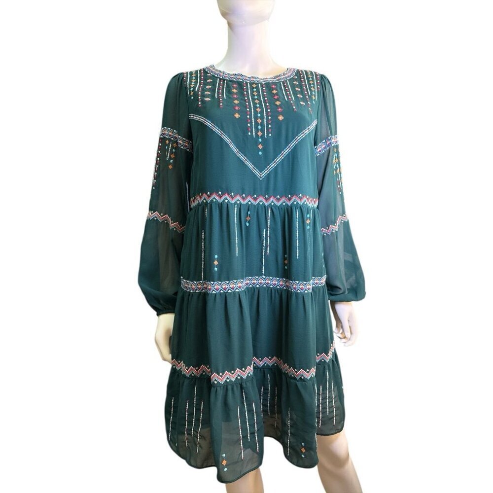 Savannah Jane Suttle Love Tiered Dress Olive Green Embroidered Bell Sleeves EUC